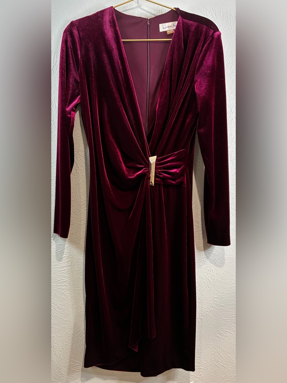 Women’s‎ Velvet Wrap Midi Dress in Burgundy with Gold Accent - size 10